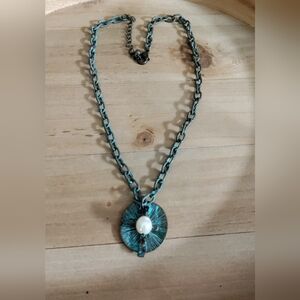 Turquoise Cross Pendant Necklace with Pearl Accent